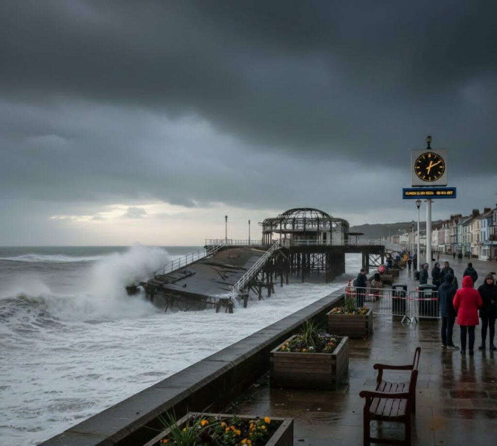 ഇൻഗ്രിഡ് കൊടുങ്കാറ്റ്: ഡെവണിലെ ചരിത്രപ്രസിദ്ധമായ കടൽപ്പാലം തകർന്നു; യുകെയിൽ കനത്ത മഴ തുടരുന്നു.