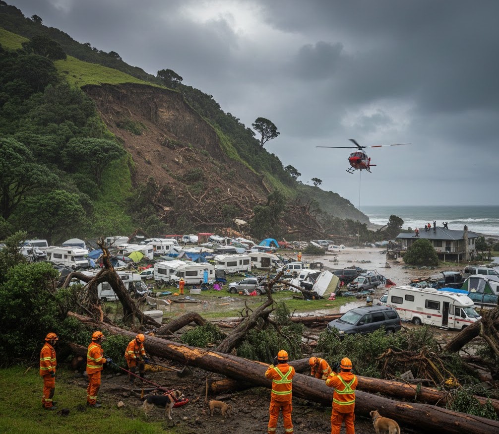 ന്യൂസിലൻഡിൽ കനത്ത പേമാരിയും മണ്ണിടിച്ചിലും: ക്യാമ്പ് സൈറ്റിൽ നിരവധി പേരെ കാണാതായി; ഈസ്റ്റ് കോസ്റ്റ് ‘യുദ്ധമേഖല’യ്ക്ക് സമാനമെന്ന് മന്ത്രി.