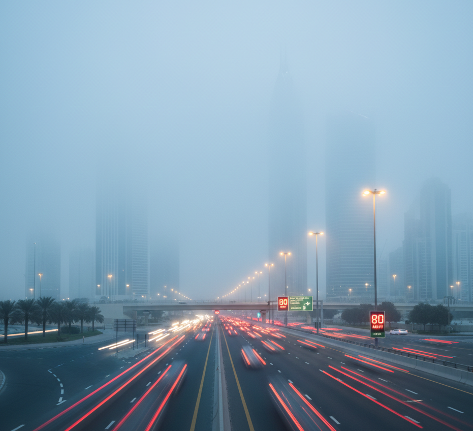 യുഎഇയിൽ മൂടൽമഞ്ഞ് കനക്കുന്നു; റോഡുകളിൽ വേഗത കുറച്ചു, നിയമം ലംഘിച്ചാൽ കനത്ത പിഴ.