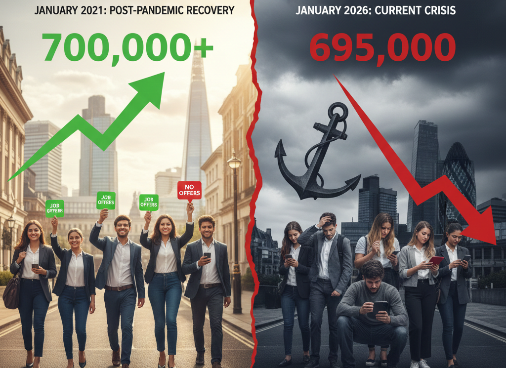 യുകെ തൊഴിൽ വിപണിയിൽ പ്രതിസന്ധി: ഒഴിവുകൾ അഞ്ച് വർഷത്തെ ഏറ്റവും താഴ്ന്ന നിലയിൽ; യുവാക്കൾക്ക് തിരിച്ചടി.