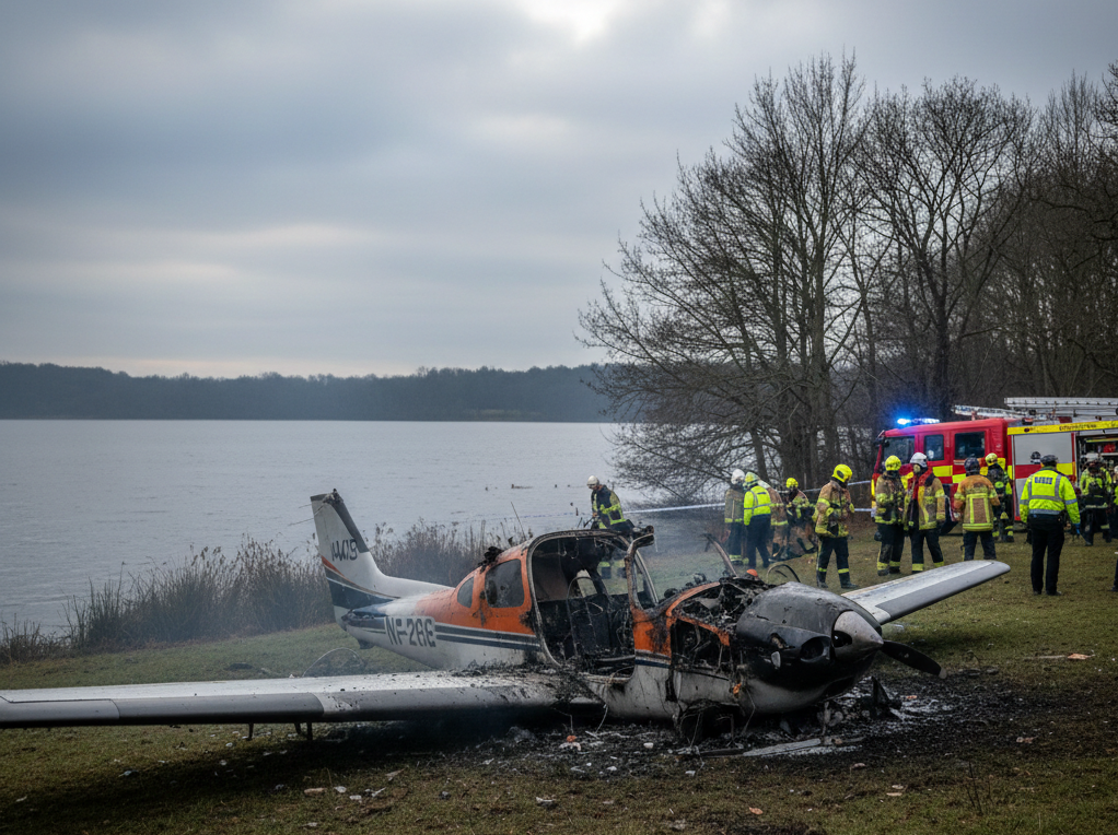 മാഞ്ചസ്റ്ററിൽ തടാകതീരത്ത് വിമാനം തകർന്ന് വീണു; രണ്ട് മരണം, അന്വേഷണം തുടങ്ങി.