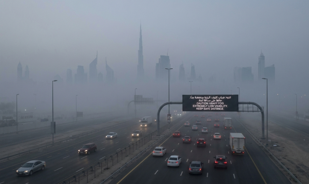 യുഎഇ മഞ്ഞിൽ പൊതിയുന്നു; ദൃശ്യപരിധി കുറയുന്നു, ഡ്രൈവർമാർക്ക് ജാഗ്രതാ നിർദ്ദേശം.